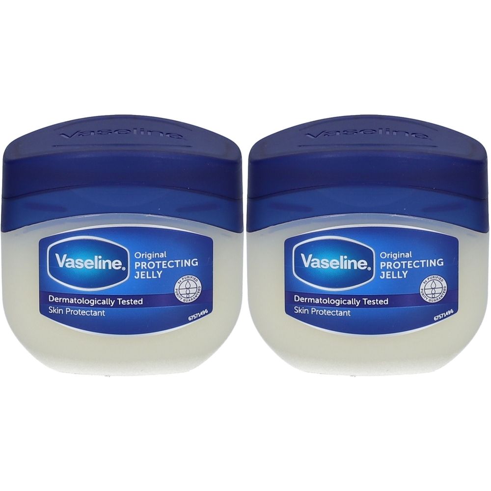 Deux pots de Vaseline Original Protecting Jelly. Récipients blancs avec couvercles bleus. Inscription: Vaseline, Protecting Jelly.