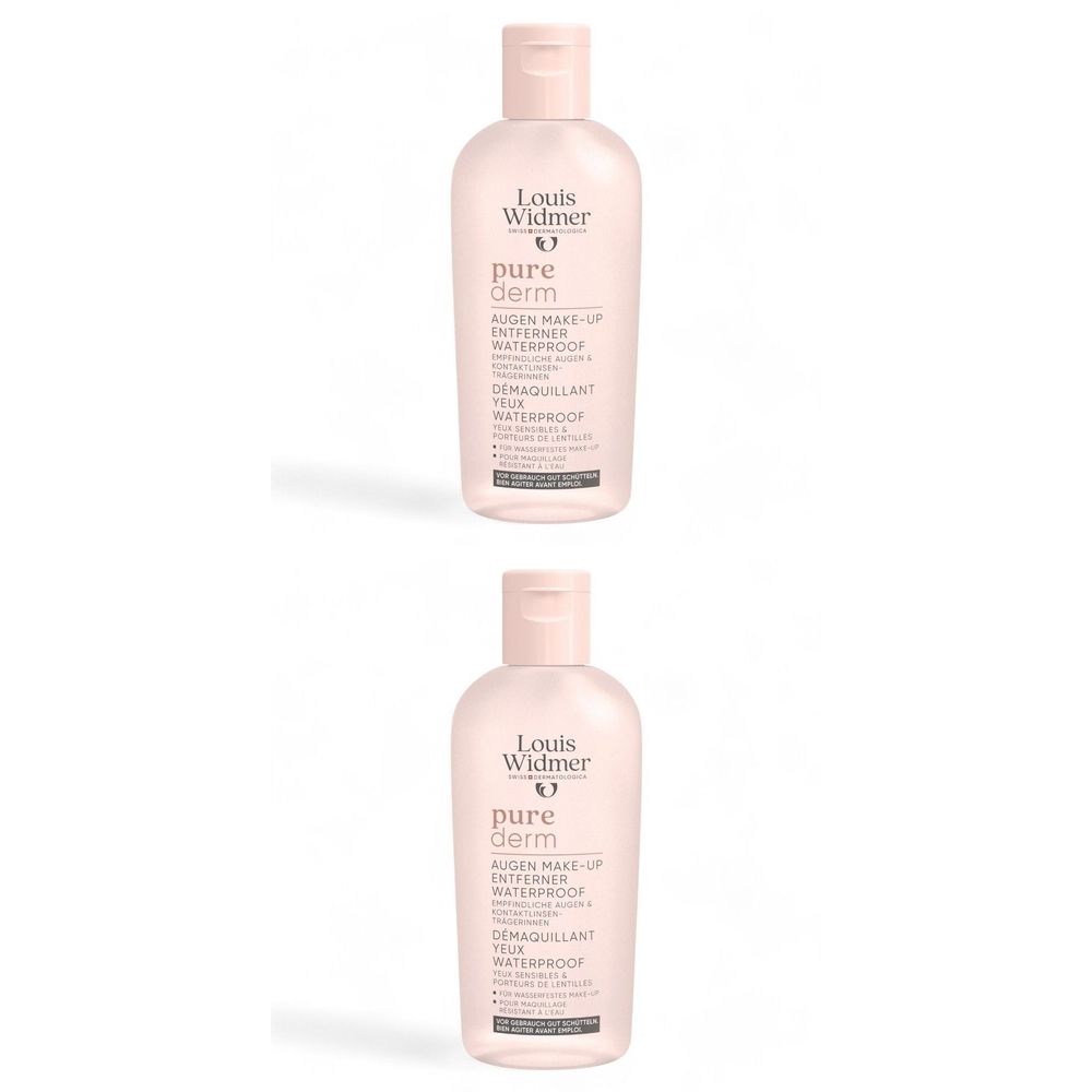Deux flacons Louis Widmer Purederm Démaquillant Yeux Waterproof. Flacons roses avec bouchons roses. Texte en allemand et français.