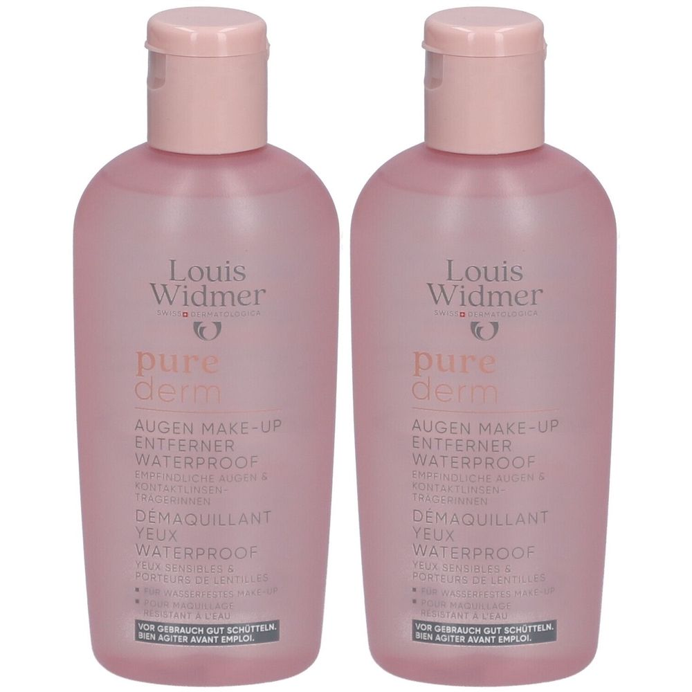 Zwei Flaschen Louis Widmer Purederm Augen Make-up Entferner Waterproof. Rosa Flaschen mit rosa Deckel. Text auf Deutsch und Französisch.