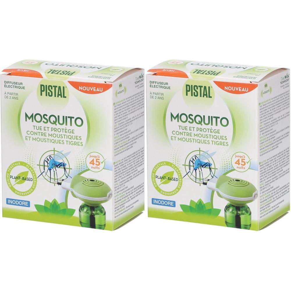 Zwei Packungen Pistal® Mosquito Plug-In. Weiße Kartons mit grüner Schrift und Produktabbildung. Aufschrift: Mosquito, tötet und schützt vor Mücken.