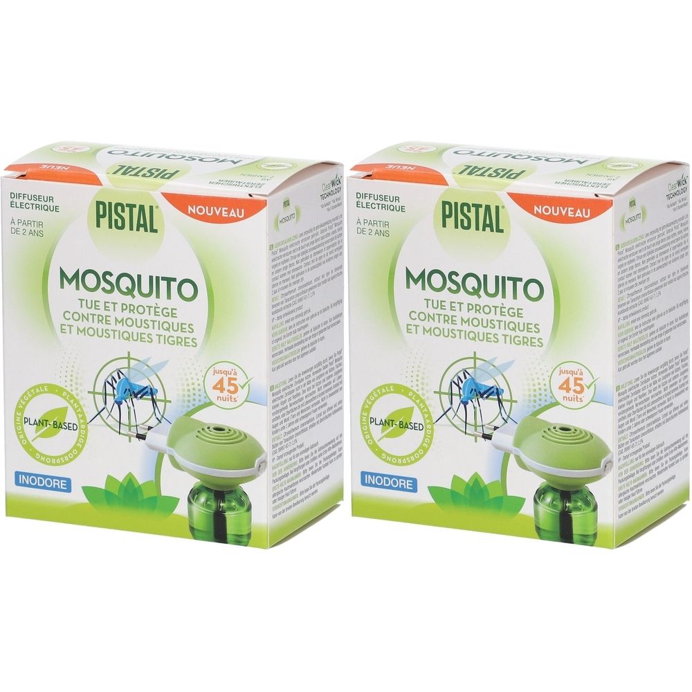 Deux boîtes de Pistal® Mosquito Plug-In. Boîtes blanches avec texte vert et illustration du produit. Inscription: Mosquito, tue et protège des moustiques.