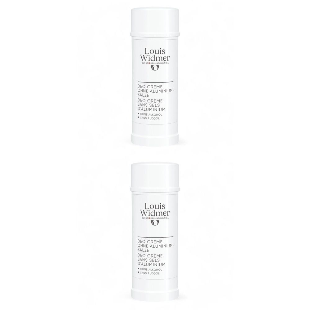 Deux sticks déodorants blancs Louis Widmer. Inscription: DEO CREME SANS SELS D'ALUMINIUM. Sans alcool.