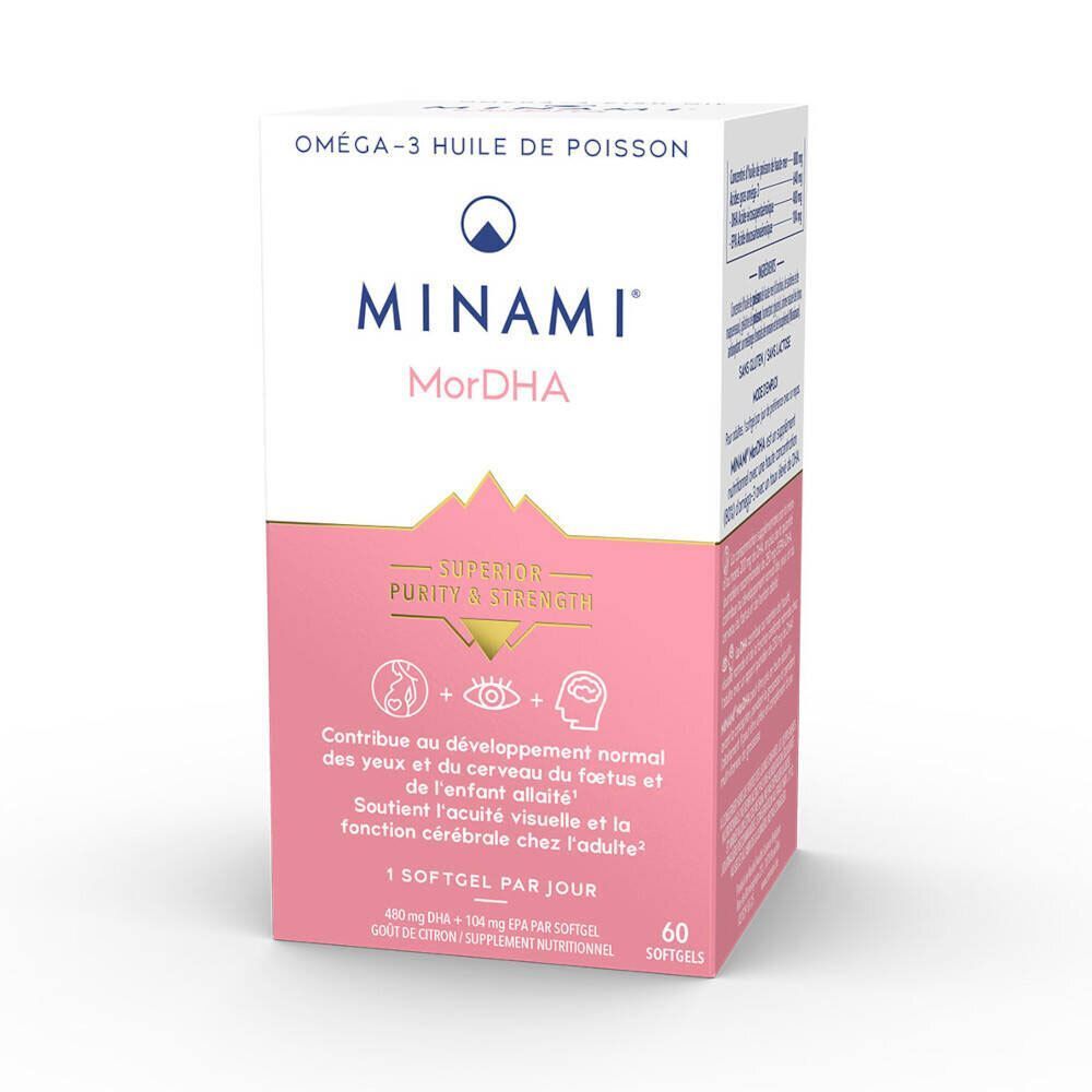 MorDHA Omega-3 Fisch Öl-Packung. Rosa-weiße Verpackung. Text: MINAMI MorDHA. Oben: Omega-3 huile de poisson. 60 Softgels.