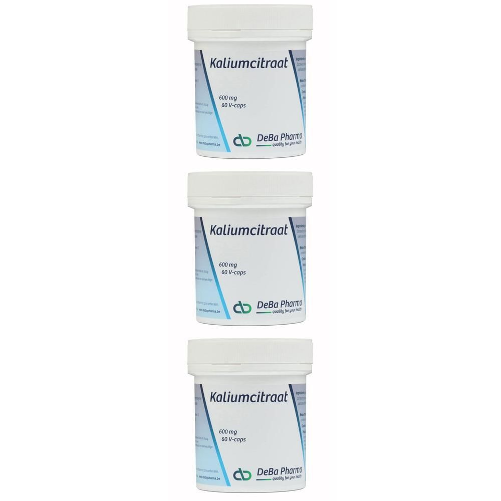 Trois flacons blancs avec étiquette bleu et blanc. Inscription: Kaliumcitraat 600 mg, 60 V-caps. Logo DeBa Pharma.