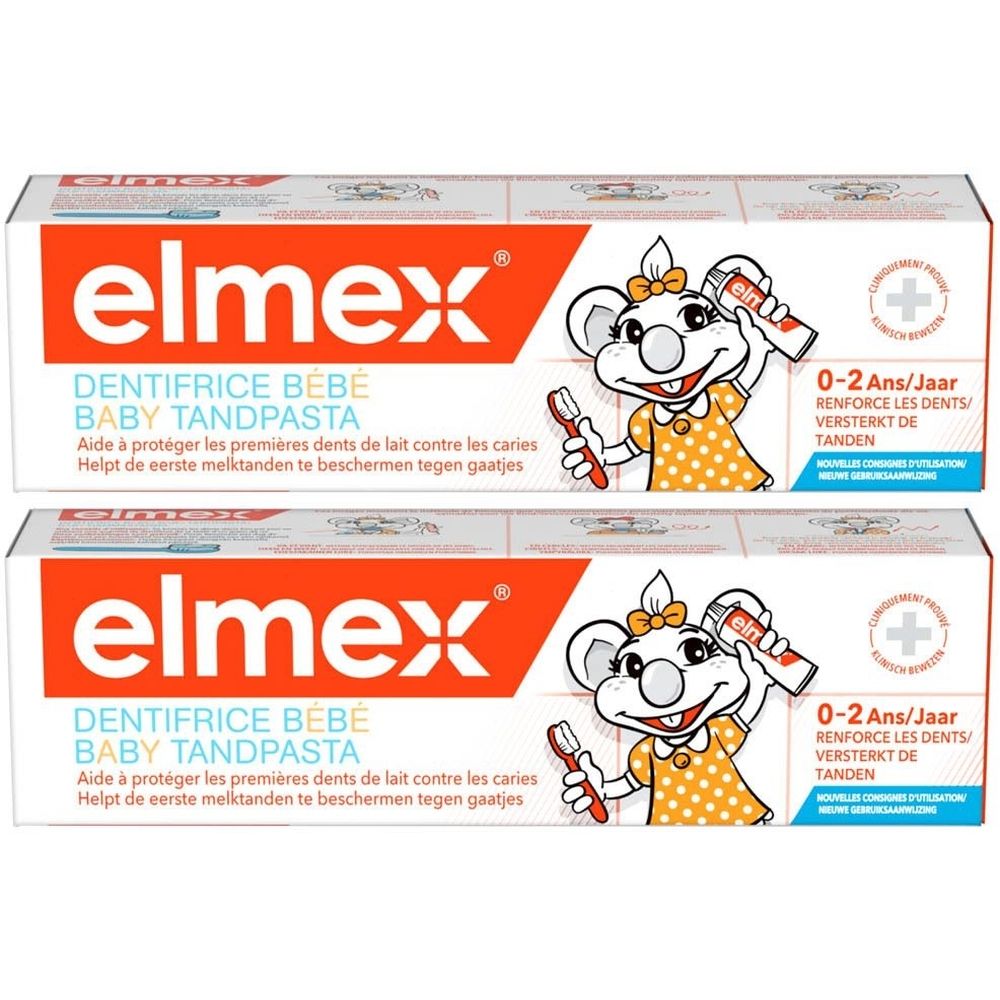 Deux boîtes de dentifrice Elmex Baby. Boîtes blanches et orange avec illustration de souris et informations.