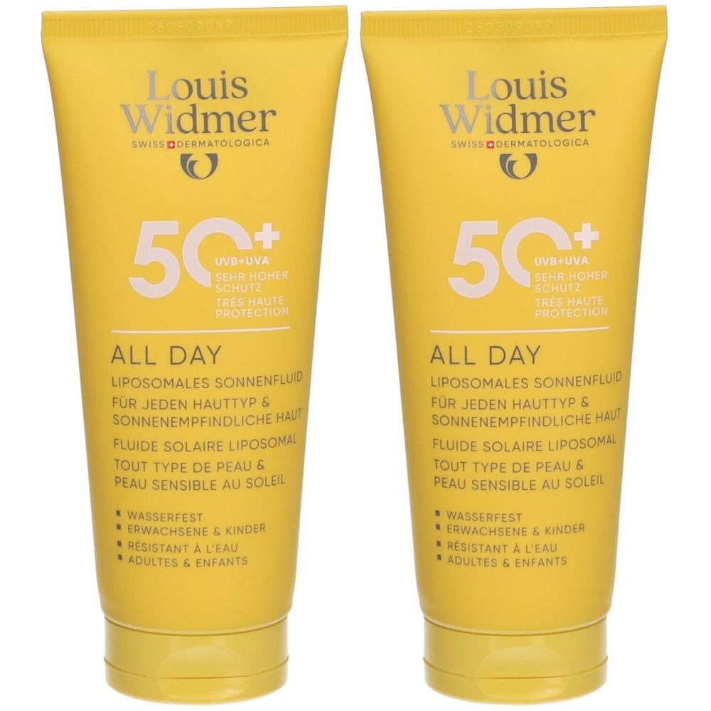 Zwei gelbe Tuben Louis Widmer All Day 50+. Aufschrift: 50+, UV-Schutz, All Day, liposomale Sonnenfluid. Wasserfest.