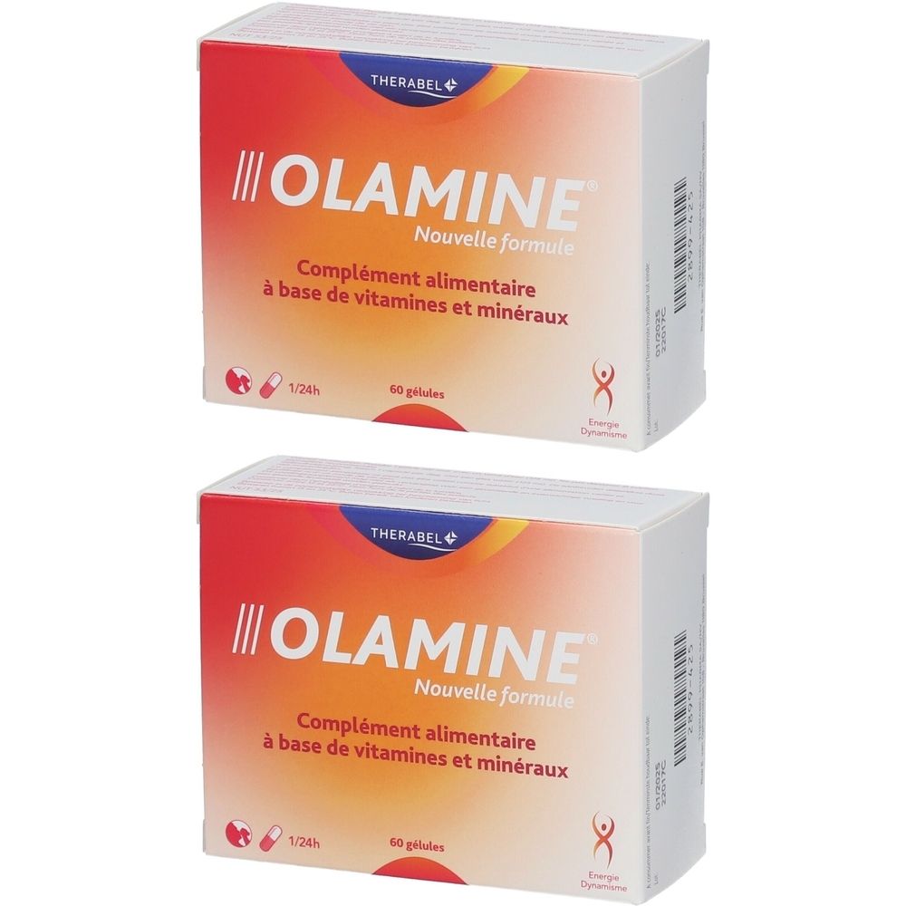 Deux boîtes Olamine. Emballage blanc avec dégradé rouge et jaune. Texte : Olamine, Nouvelle formule, 60 gélules.