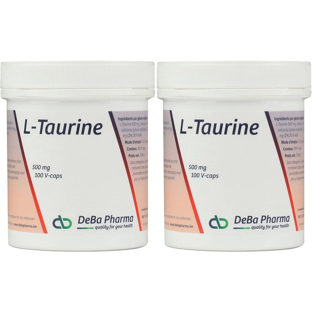 Deux pots blancs avec "L-Taurine". En dessous, "500 mg 100 V-caps" et le logo DeBa Pharma. Ingrédients et informations.