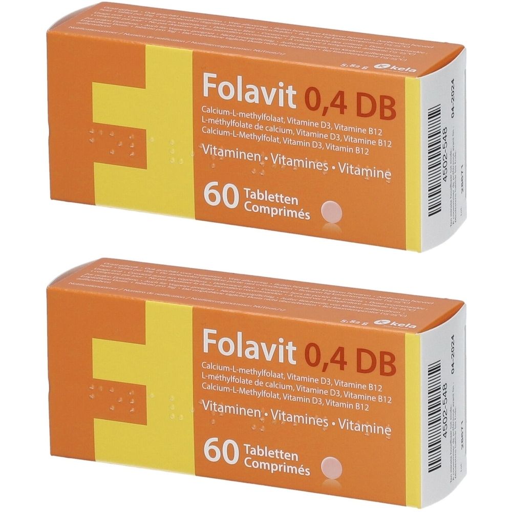 Zwei Schachteln Folavit 0,4 DB. Orangefarbene Verpackung mit gelbem 'E'. Enthält 60 Tabletten. Aufschrift: Vitaminen.