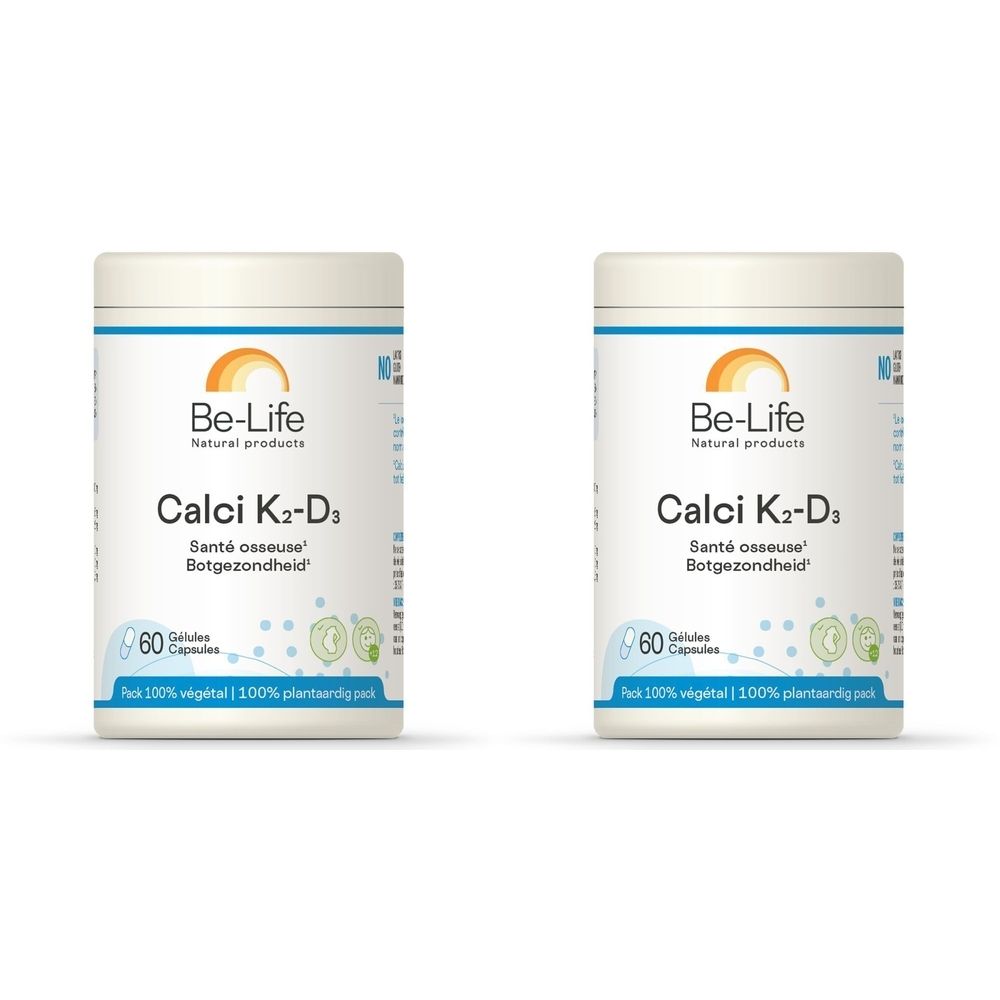 Deux flacons blancs avec étiquette. Inscription: Be-Life Calci K2-D3, 60 gélules. Logo soleil et feuilles.