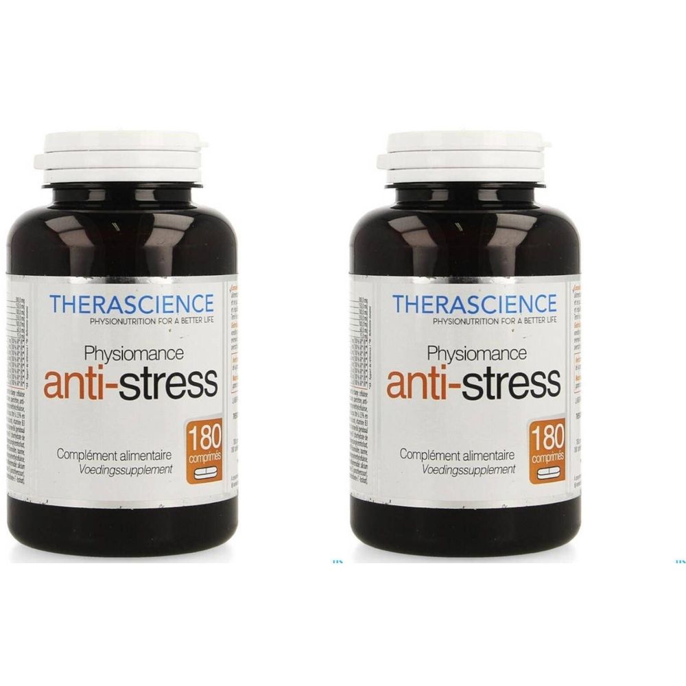 Deux flacons marron avec bouchon blanc. L'étiquette indique "Physiomance anti-stress" et "180 comp".