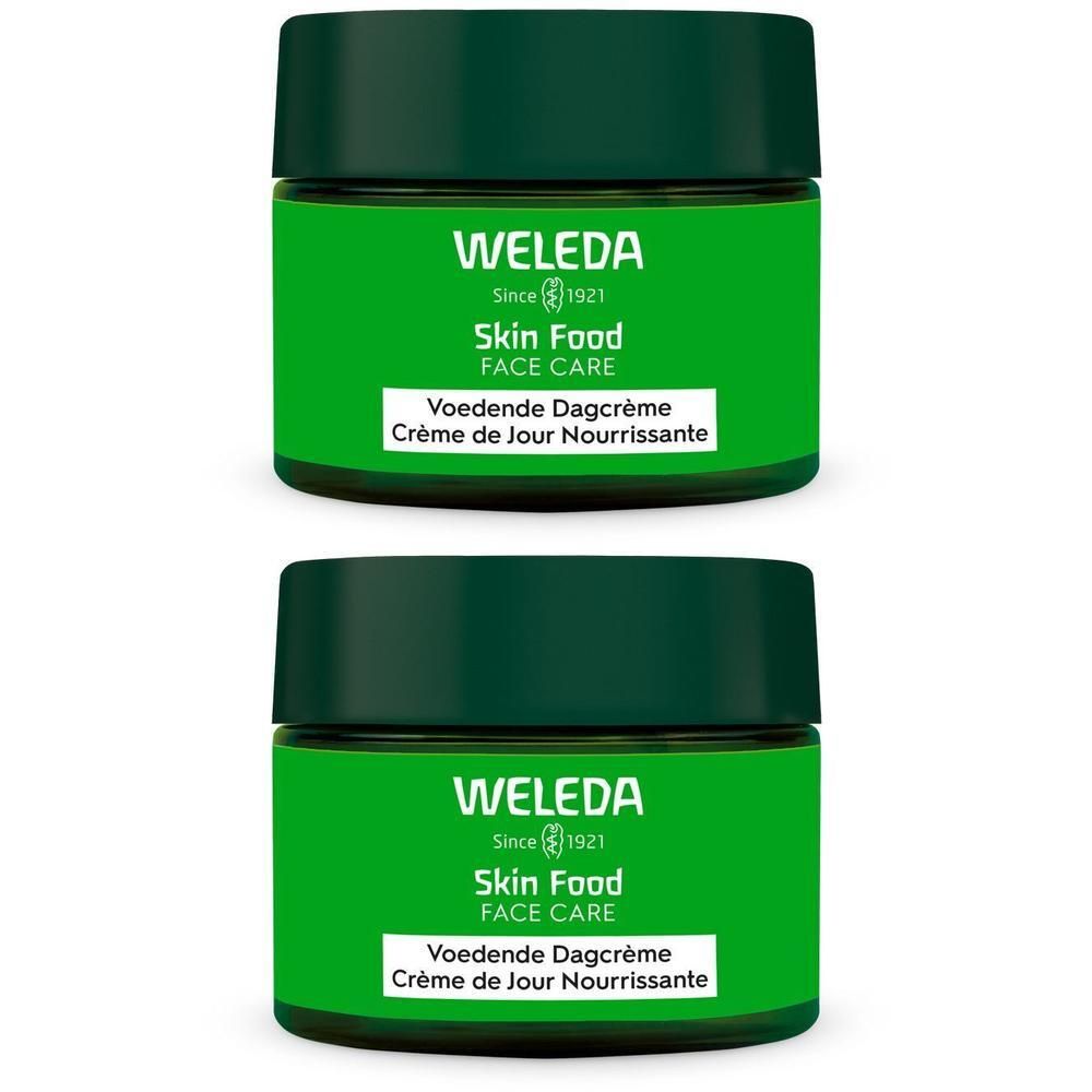 Zwei grüne Tiegel mit Deckel. Aufschrift: WELEDA Skin Food FACE CARE, Voedende Dagcrème, Crème de Jour Nourrissante.