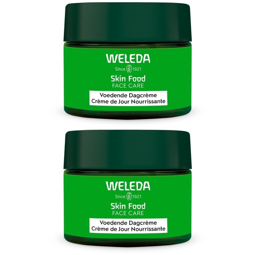 Deux pots verts avec couvercles. Inscription: WELEDA Skin Food FACE CARE, Voedende Dagcrème, Crème de Jour Nourrissante.