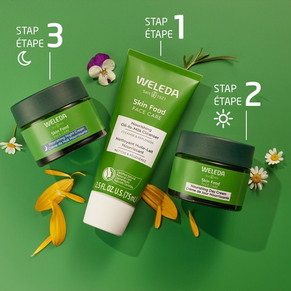 Drei Produkte auf grünem Hintergrund. Aufschrift: WELEDA Skin Food. Mit Blüten und Blättern. Produkte: Creme, Reiniger, Creme.