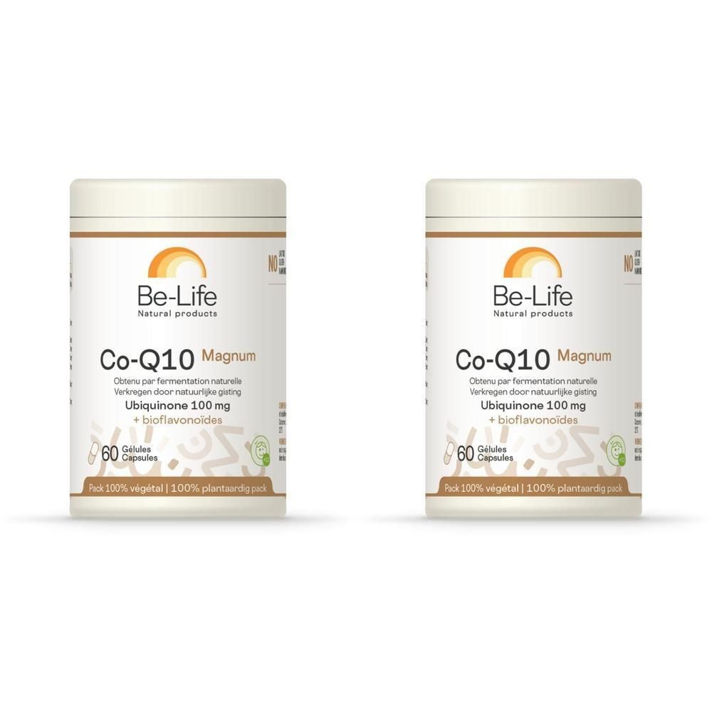 Deux flacons blancs avec étiquettes. Inscription: Be-Life Co-Q10 Magnum Ubichinon 100mg. 60 gélules.