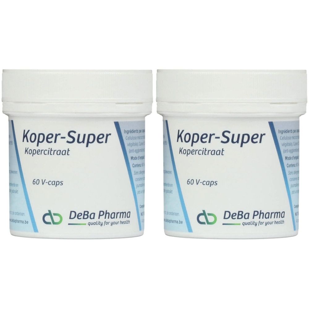 Deux pots blancs avec "Koper-Super". En dessous, "60 V-caps" et le logo DeBa Pharma. Ingrédients visibles.