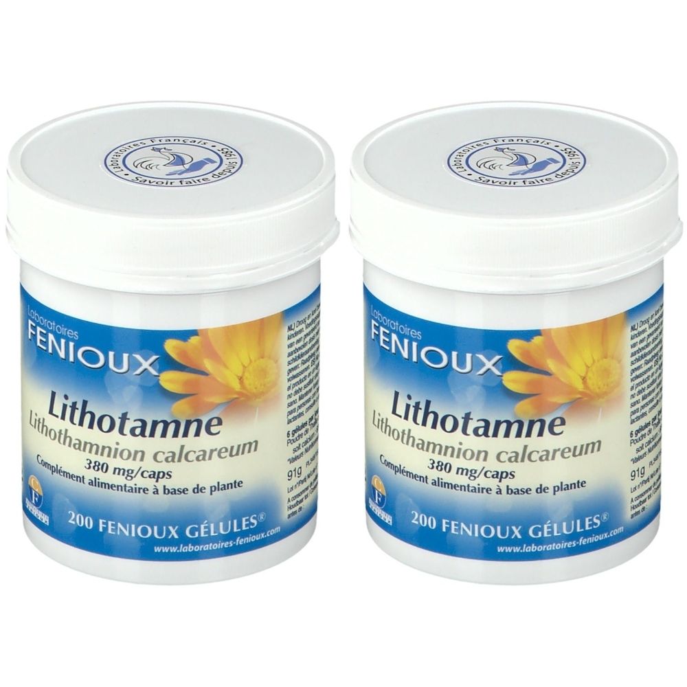 Zwei weiße Dosen mit gelb-blauen Etiketten. Aufschrift: Laboratoires FENIOUX, Lithotamne, 380 mg/caps, 200 Gélules.