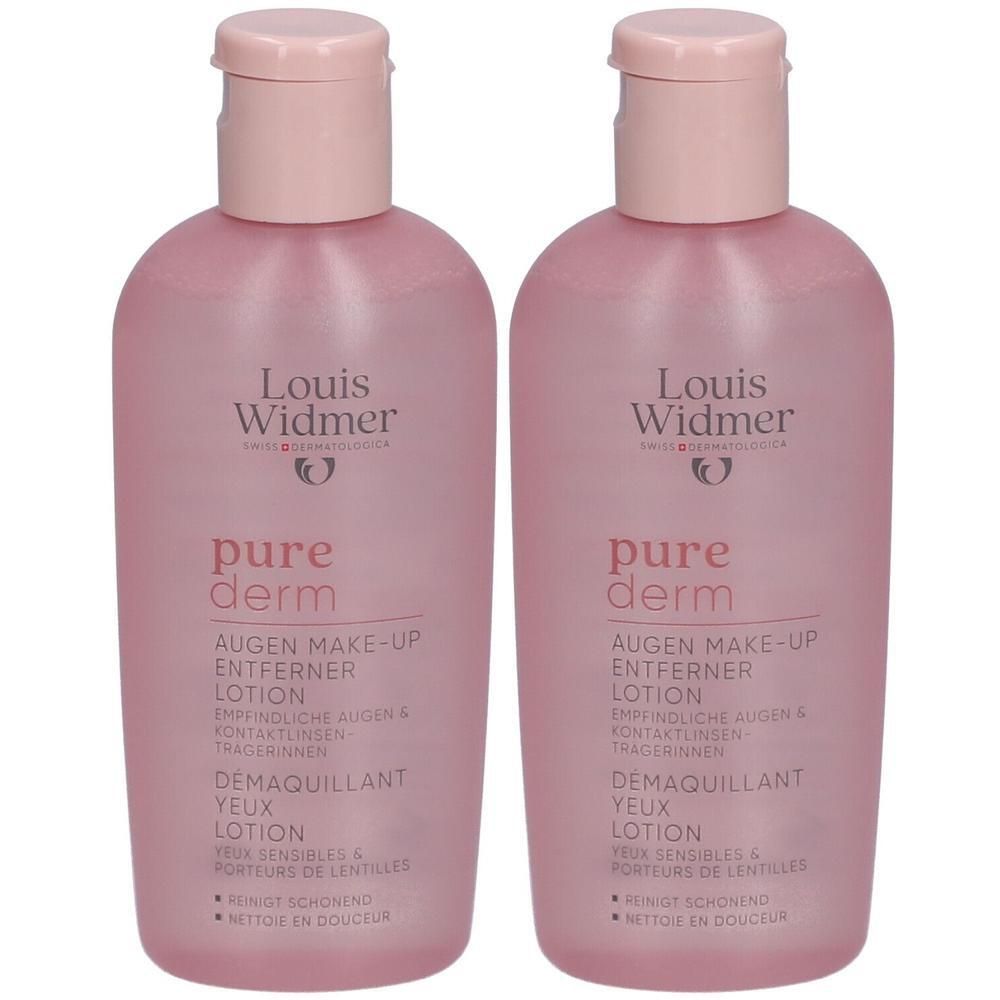Zwei Flaschen Louis Widmer Purederm Augen Make-up Entferner Lotion. Rosa Flaschen mit rosa Deckel. Text: Purederm, Augen Make-up Entferner.