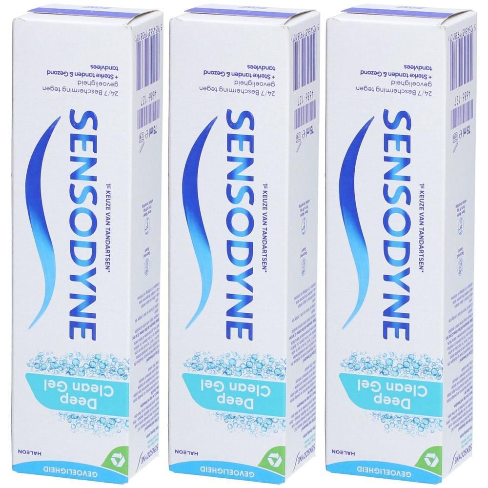 Drei Packungen Sensodyne Deep Clean Gel. Blaue Wellen-Grafik, weißer Hintergrund. Text: Sensodyne, Deep Clean Gel, 24/7 Schutz.
