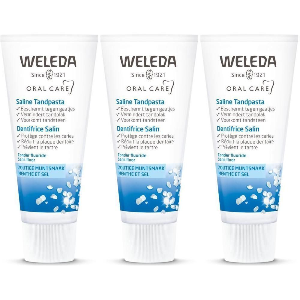 Drei Tuben Weleda Saline Zahnpasta. Weiße Tuben mit blauer und grüner Beschriftung. Text: Saline Zahnpasta, Zoutige Muntsmaak, Menthe et Sel.