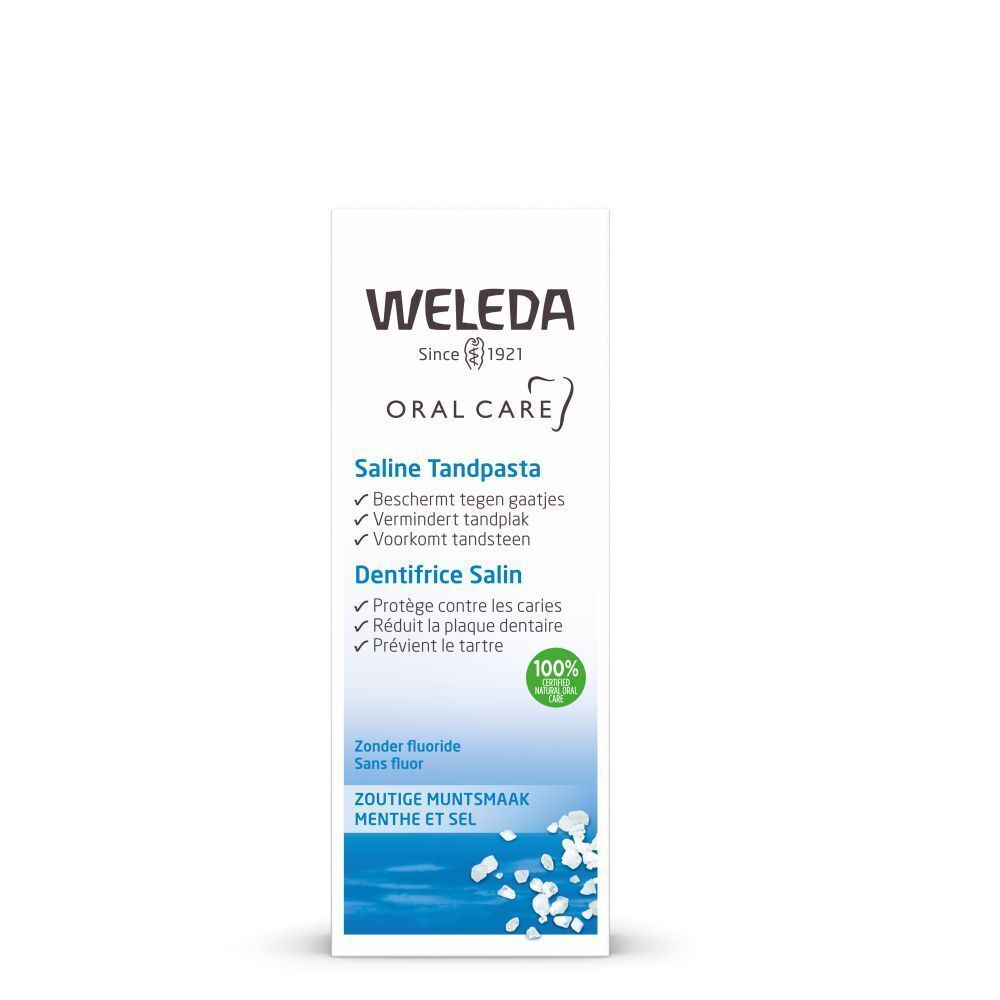 Weleda Saline Zahnpasta Tube. Weiße Tube mit blauer und grüner Beschriftung. Text: Saline Zahnpasta, Zoutige Muntsmaak, Menthe et Sel. 100% Natuurlijk.