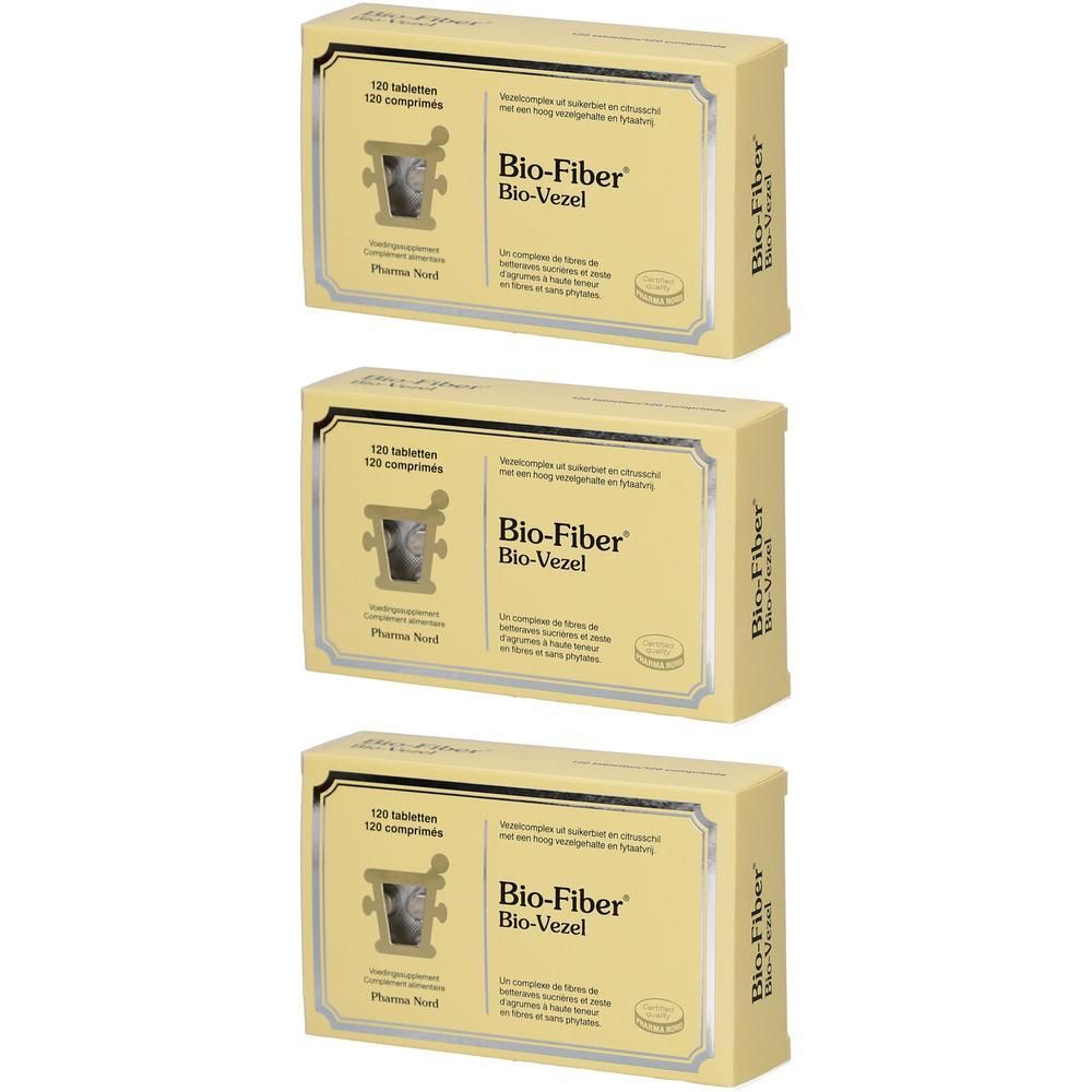 Trois boîtes de Pharma Nord Bio-Fiber®. Emballage jaune avec nom et logo du produit. Contient 120 comprimés.