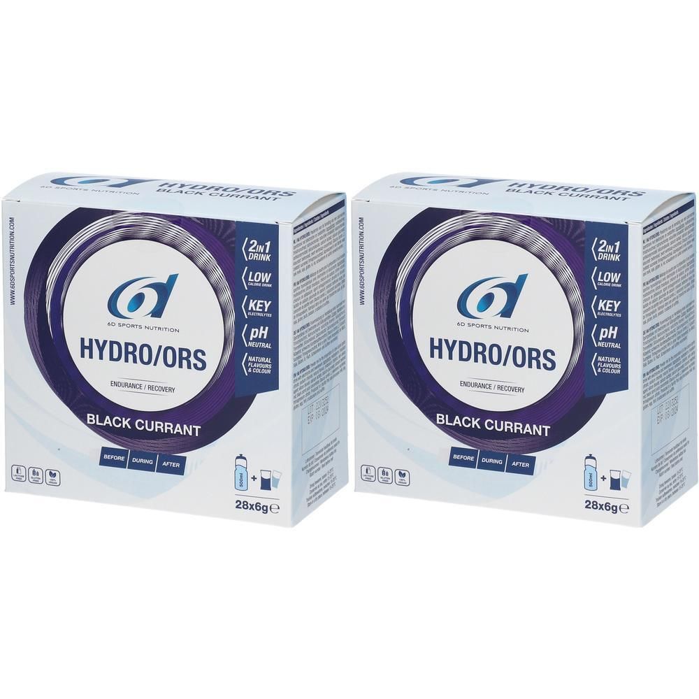 Zwei Kartons 6D SPORTS NUTRITION HYDRO/ORS Black Currant. Weiße Verpackung mit Logo und Produktinformationen. 28x6g.