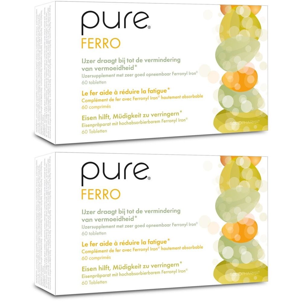 Deux boîtes de Pure Ferro. Emballage blanc avec nom du produit et illustrations colorées. 60 comprimés.