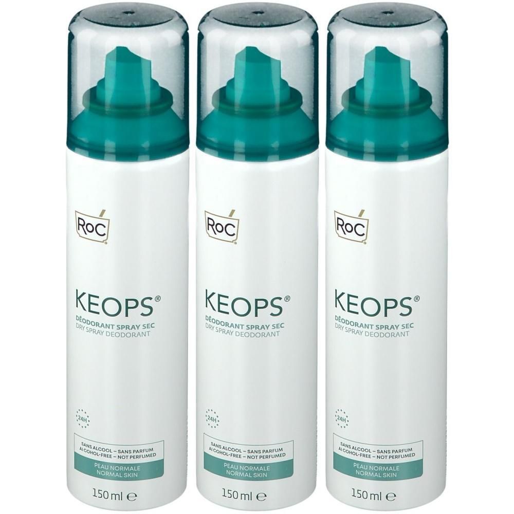 Drei Deodorant-Sprays. Weiß, mit grünem Deckel und Aufschrift. Marke RoC, Produktname Keops. Text: Dry Spray Deodorant, 150 ml.