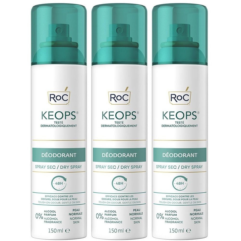 Trois sprays déodorants blancs, bouchons verts. Marque RoC, nom Keops. Texte: Spray Sec/Dry Spray, 150 ml. Testé dermatologiquement.
