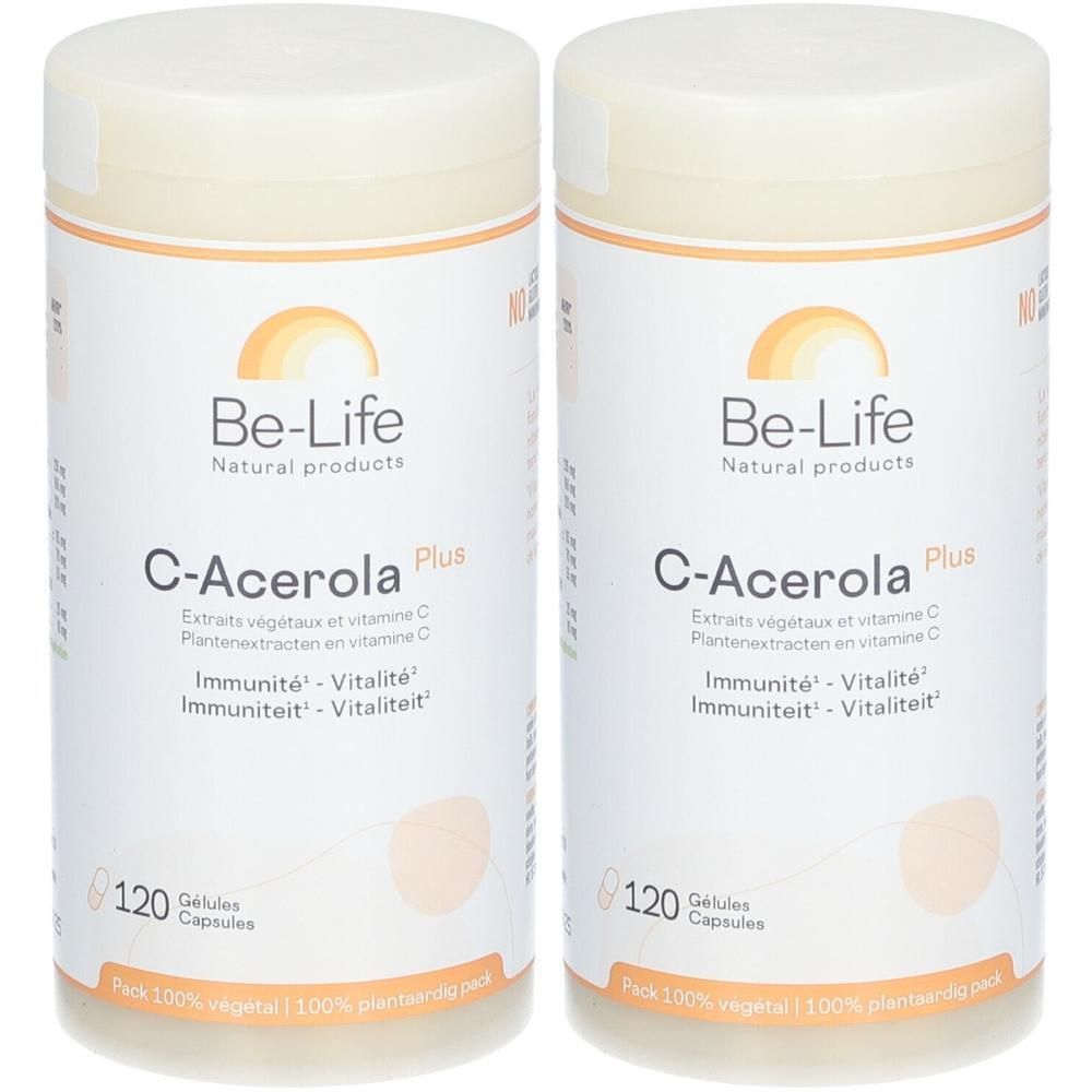 Zwei weiße Behälter mit Deckel. Aufschrift: Be-Life, C-Acerola Plus, 120 Gelules Capsules. Packung 100% vegetal.