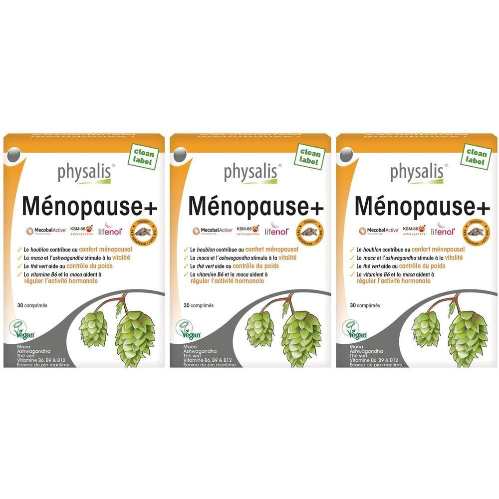 Drei Packungen Physalis® Ménopause+ Tabletten. Jede Packung zeigt Produktname, Inhaltsstoffe und Logo. Vegan-Siegel.