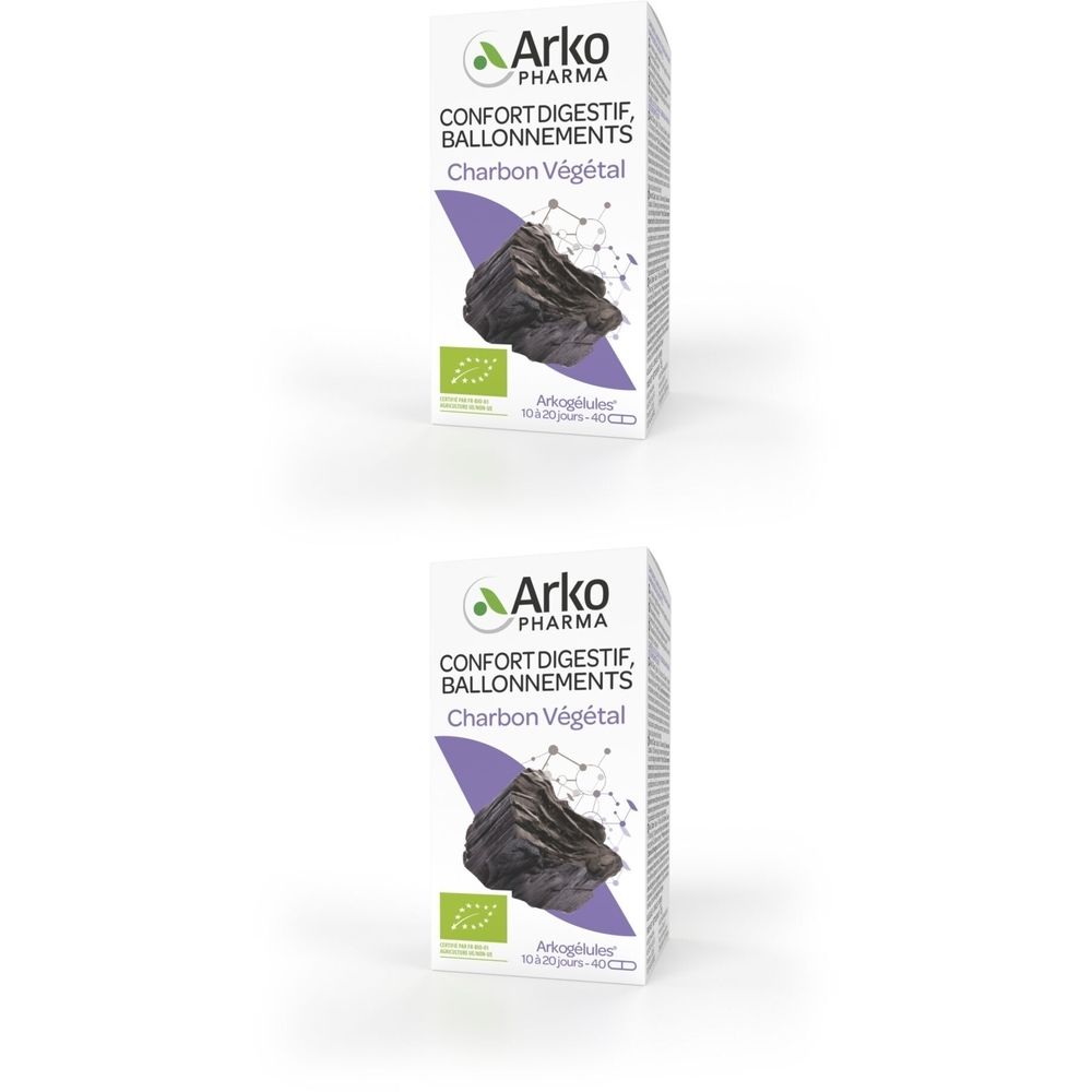 Deux boîtes blanches avec accent violet. Inscription: Arkopharma, Charbon Végétal. Label bio. Image de charbon noir.