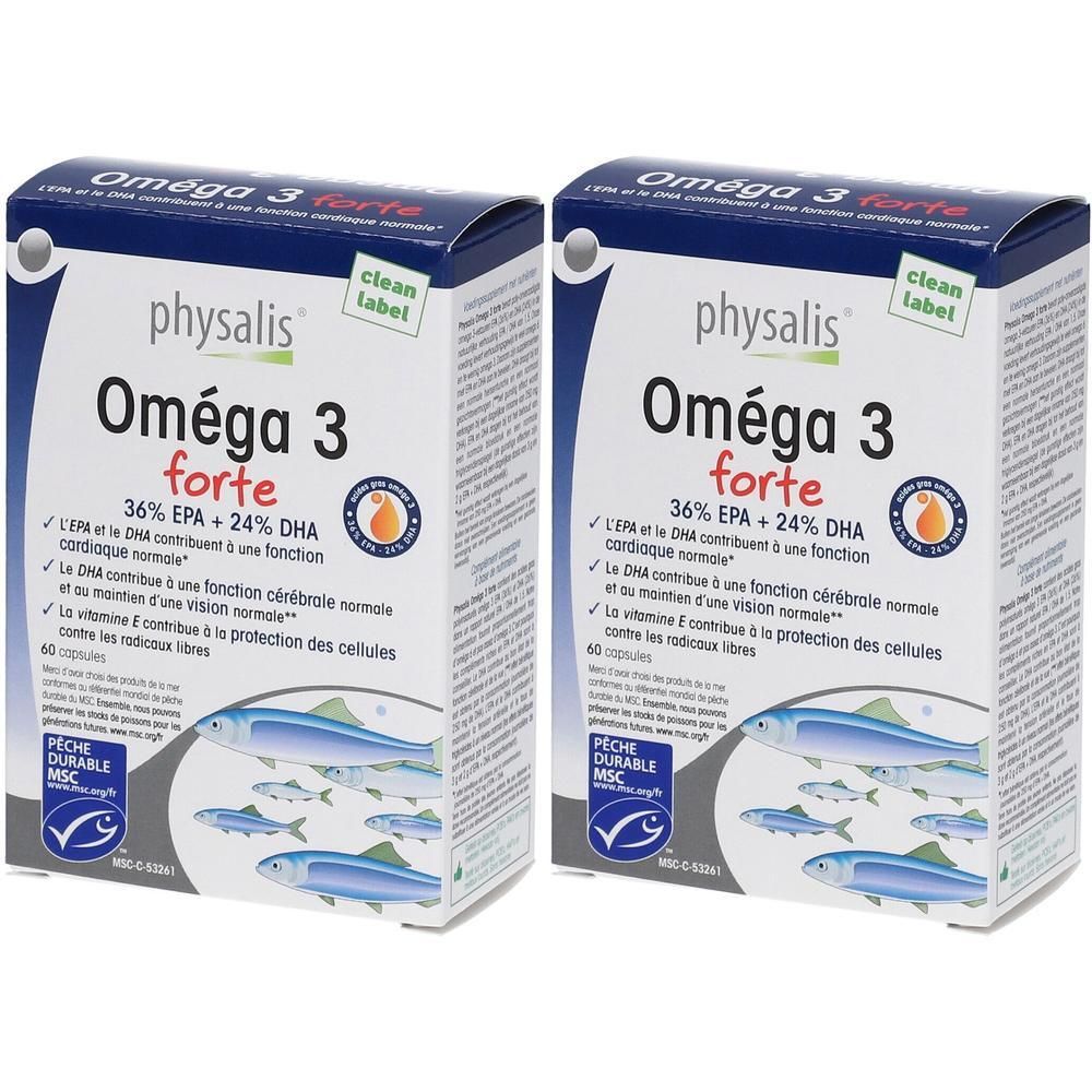 Deux boîtes de physalis® Oméga 3 forte. Inscription : Oméga 3 forte, 36% EPA + 24% DHA. Illustration de poissons et label MSC.