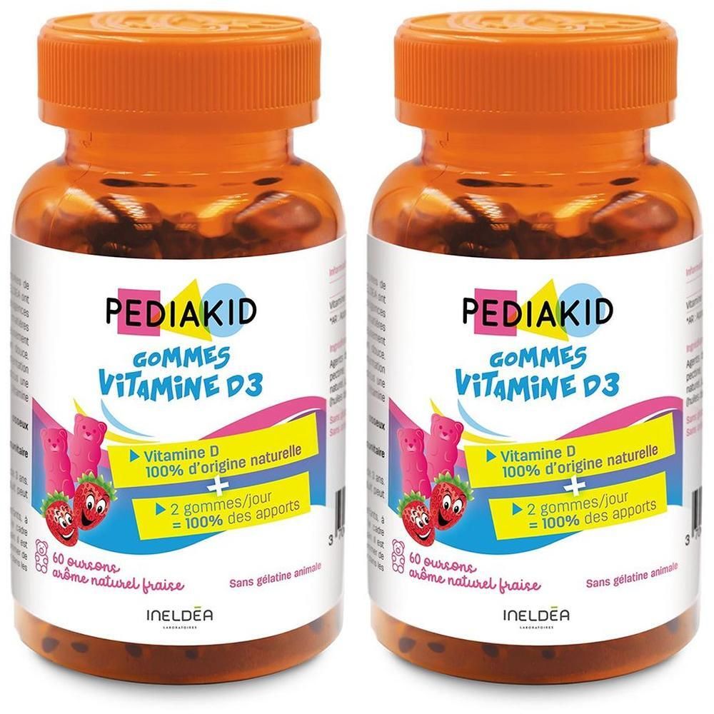 Zwei Flaschen PEDIAKID Gummibärchen Vitamin D3. Orangefarbener Deckel, weißes Etikett mit Produktinformationen und Illustrationen.