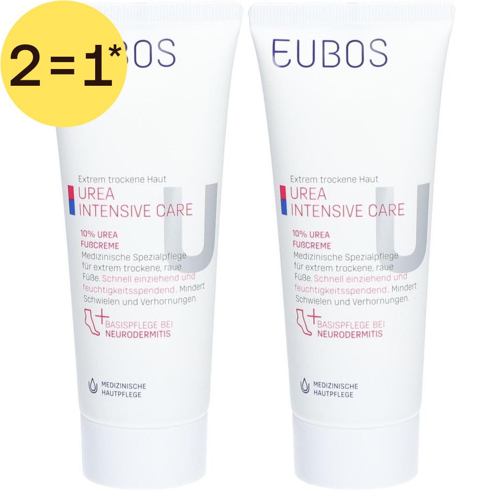 Deux tubes de EUBOS Urea Intensive Care. Tubes blancs avec texte bleu et rouge. Texte: 10% Urea Crème pour les pieds. Soin médical de la peau.