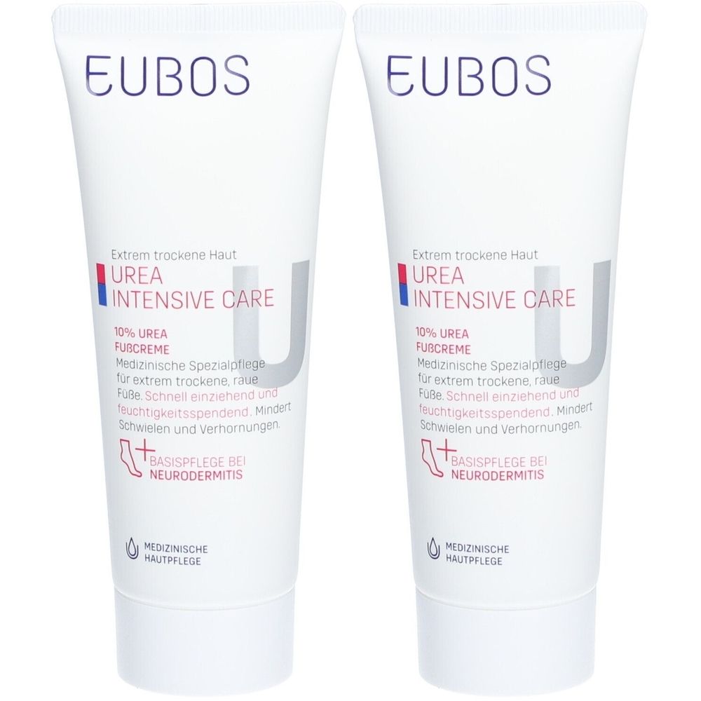 Zwei Tuben EUBOS Urea Intensive Care. Weiße Tuben mit blauer und roter Schrift. Text: 10% Urea Fußcreme. Medizinische Hautpflege.