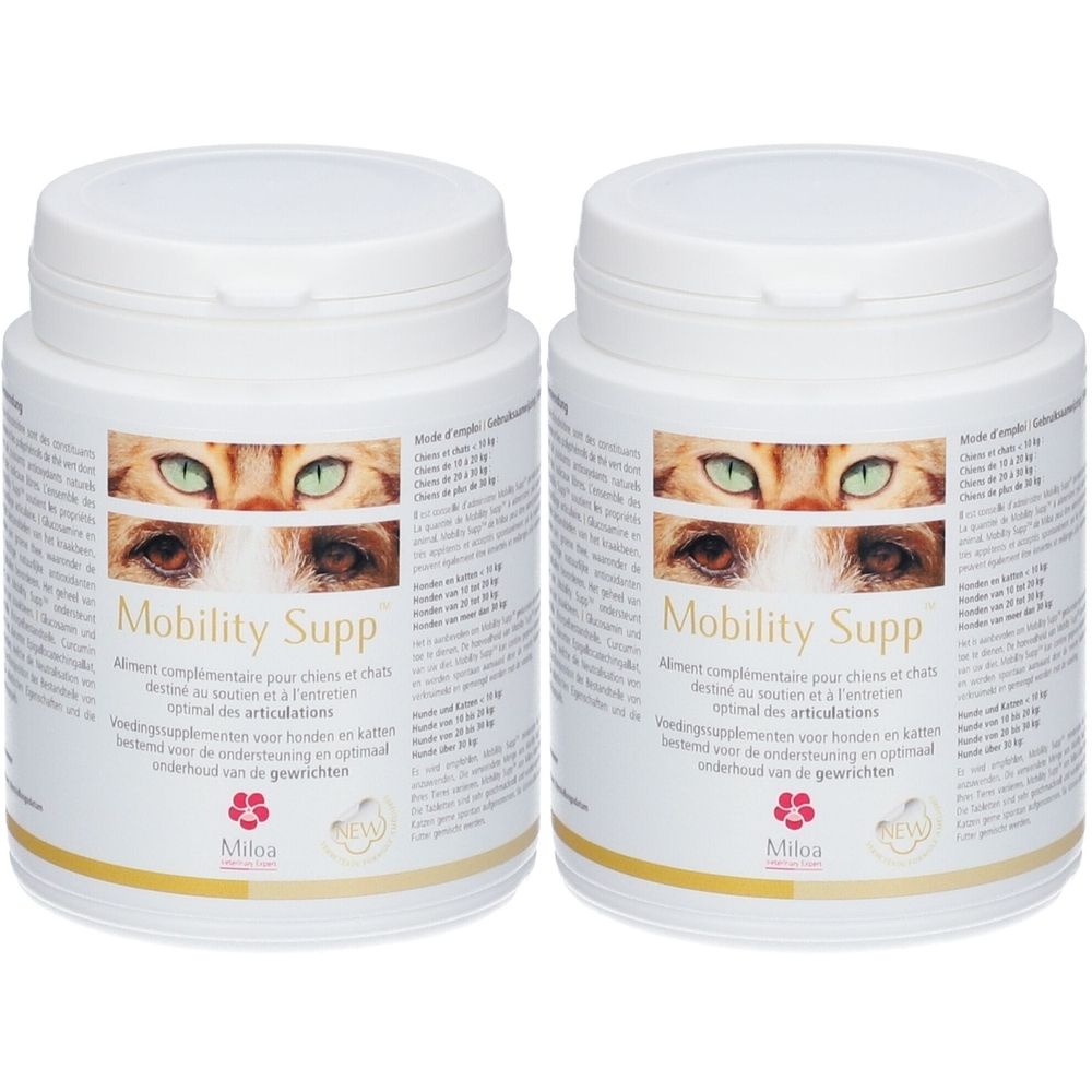 Deux pots blancs avec couvercles. Étiquette avec yeux de chat, texte Mobility Supp, logo Miloa. Complément alimentaire pour chiens et chats.