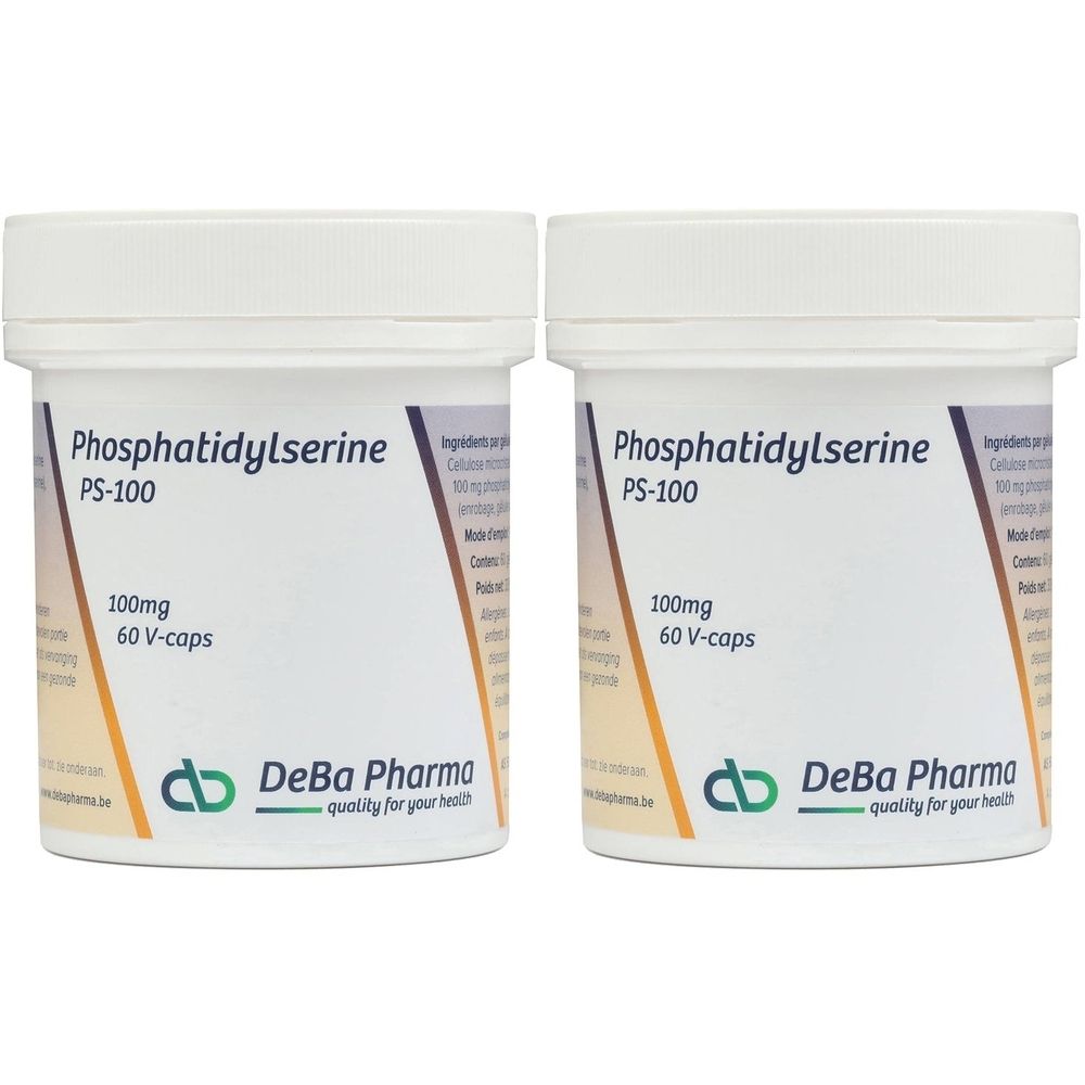 Zwei weiße Behälter mit Aufschrift Phosphatidylserine PS-100, 100mg, 60 V-caps. DeBa Pharma Logo und Text.