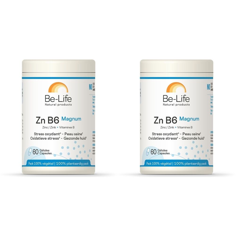 Deux boîtes blanches avec étiquettes. Inscription: Be-Life Zn B6 Magnum, 60 gélules. Logo soleil en haut.