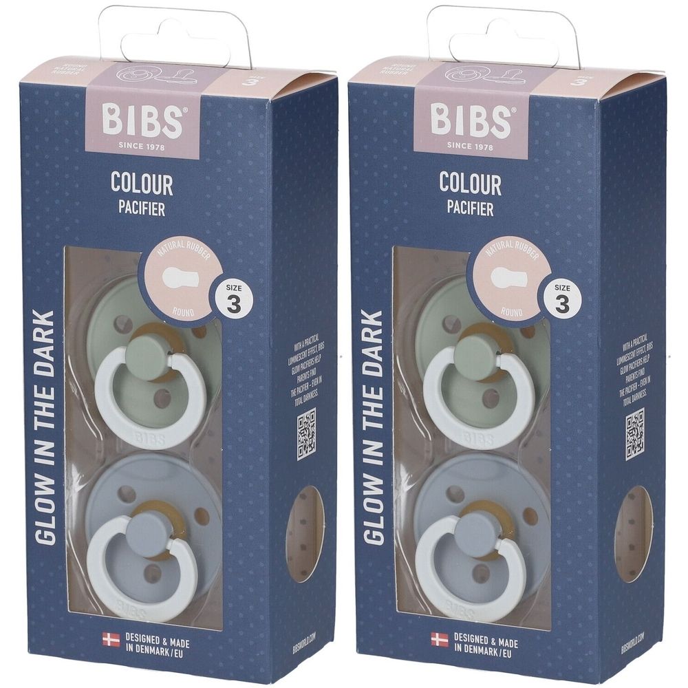 Zwei Packungen Schnuller. Jede Packung enthält zwei Schnuller in Grün und Grau. Sichtbar: BIBS-Logo, Größe 3.