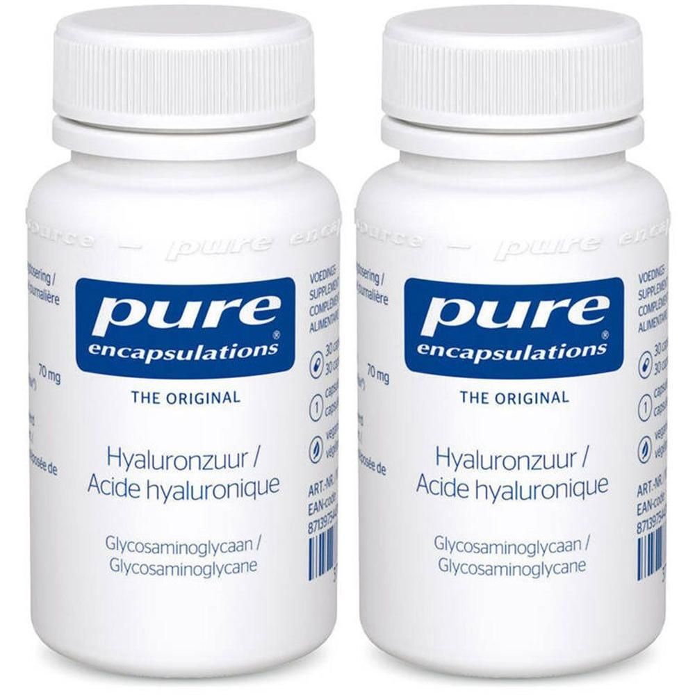 Zwei weiße Flaschen mit blauen Etiketten. Aufschrift: pure encapsulations, Hyaluronsäure Glykosaminoglykan.