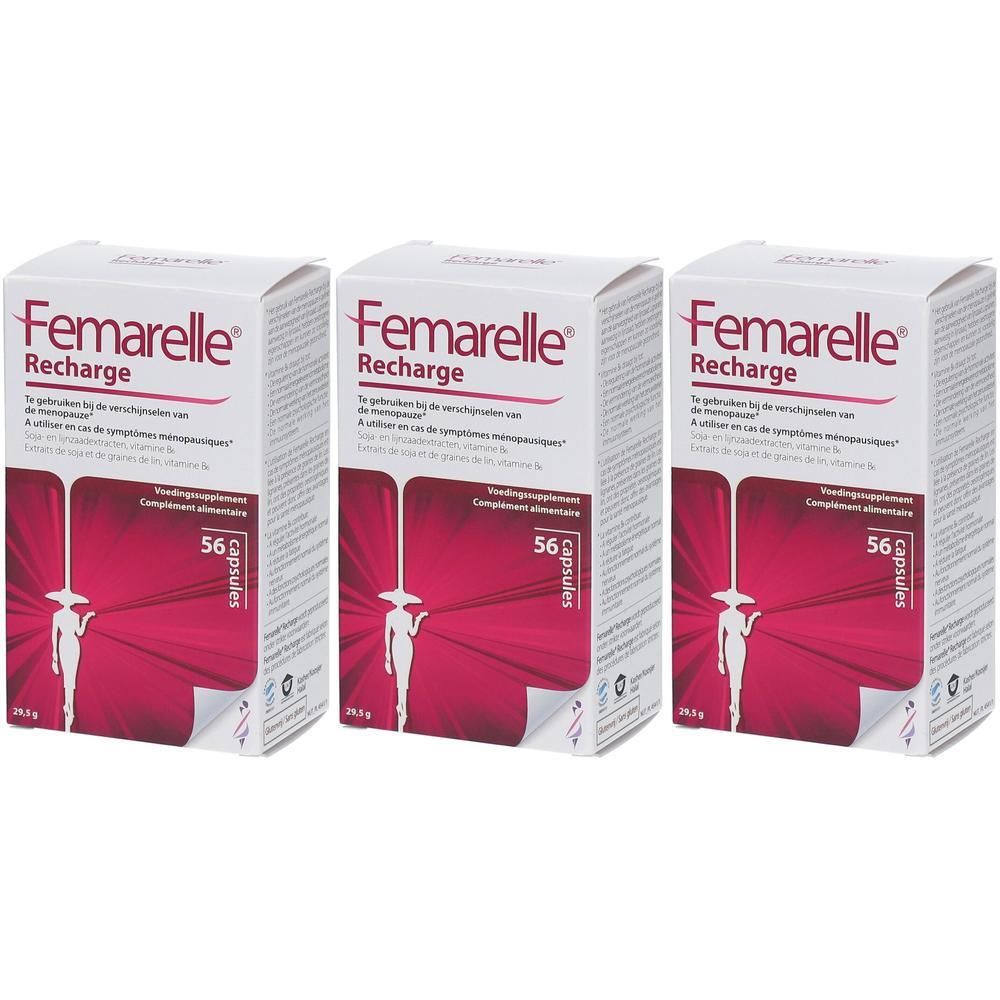 Drei Schachteln Femarelle® Recharge. Weiße Verpackung mit rotem Streifen und Produktnamen. Enthält 56 Kapseln.