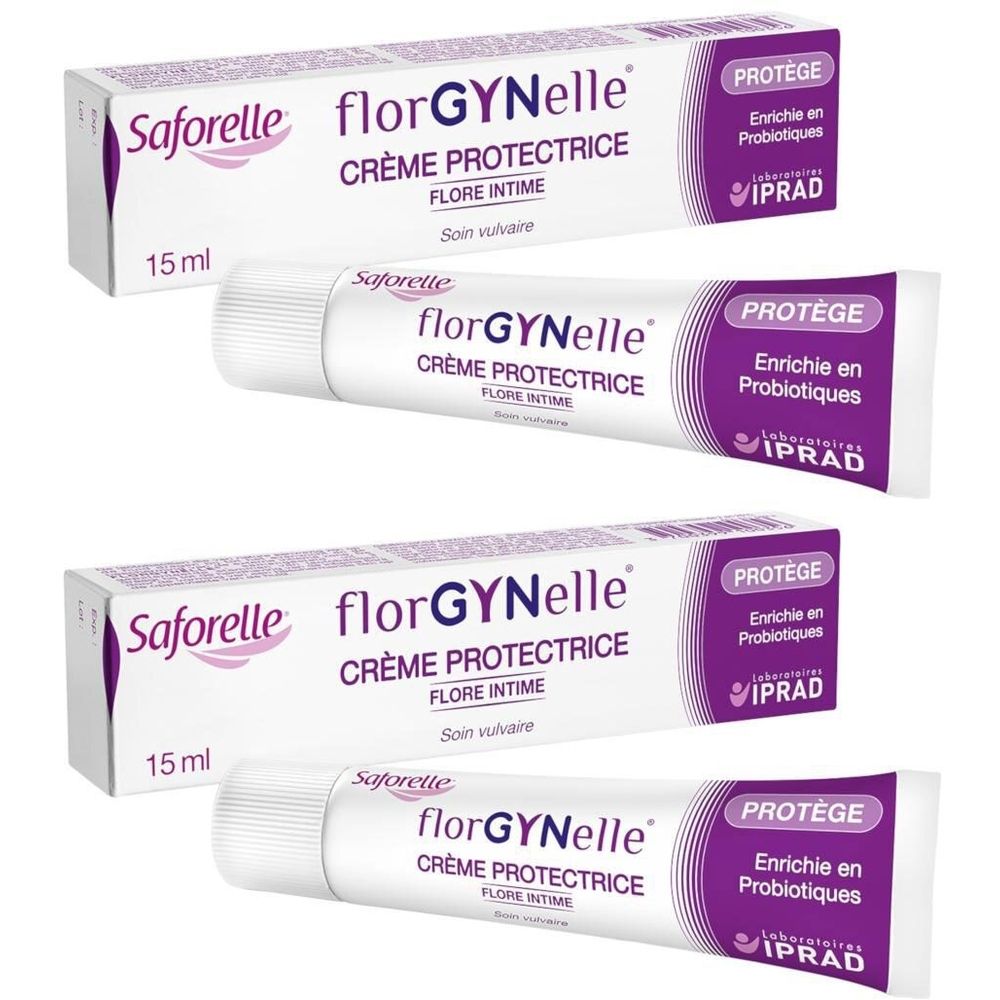 Plusieurs tubes et boîtes de Saforelle florGYNelle Crème Protectrice. Tubes blancs avec accents violets. Inscription : Crème Protectrice, Flore Intime.