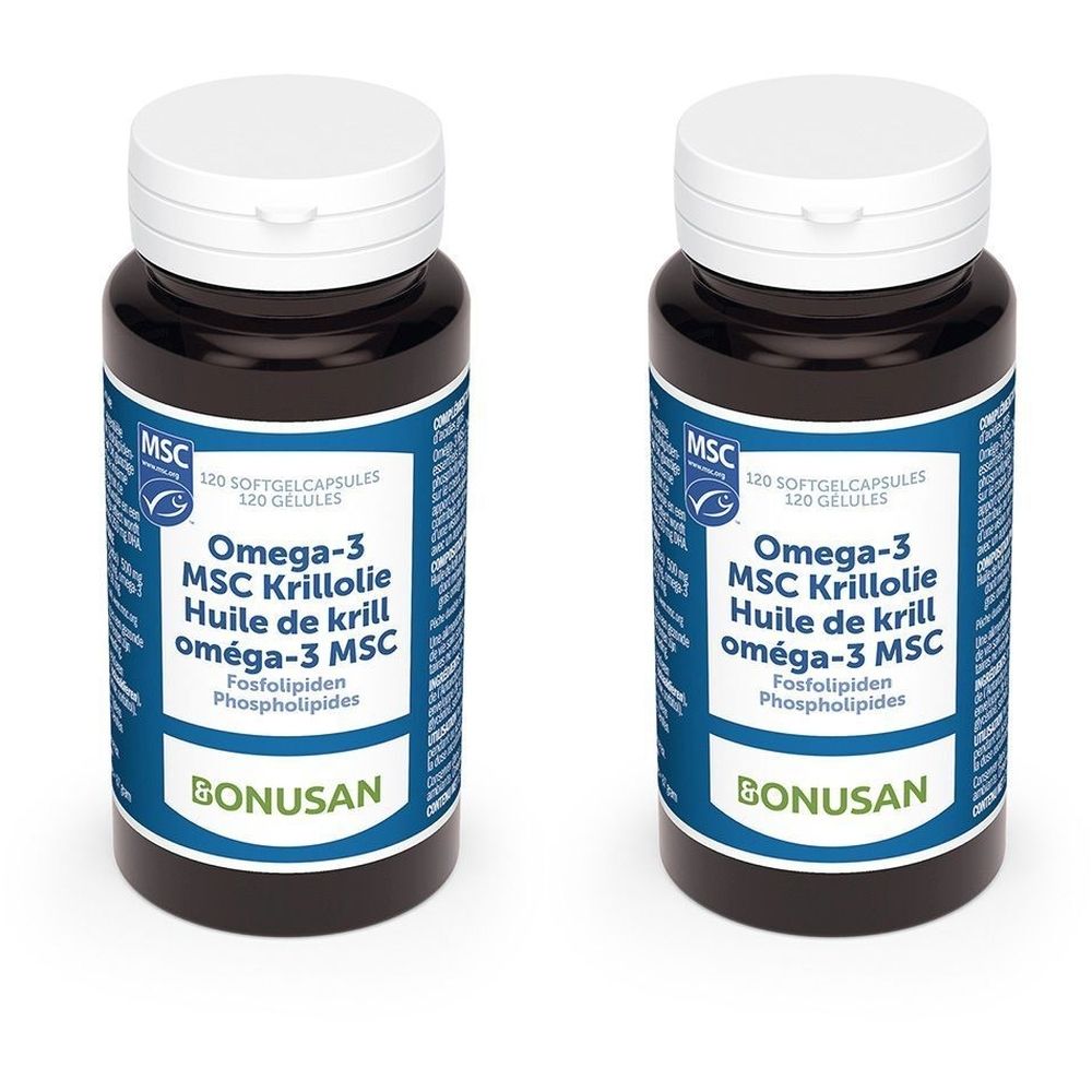 Zwei Flaschen BONUSAN Omega-3 MSC Krillöl Kapseln. Blaue Etiketten mit weißer Schrift. MSC-Zertifizierung.