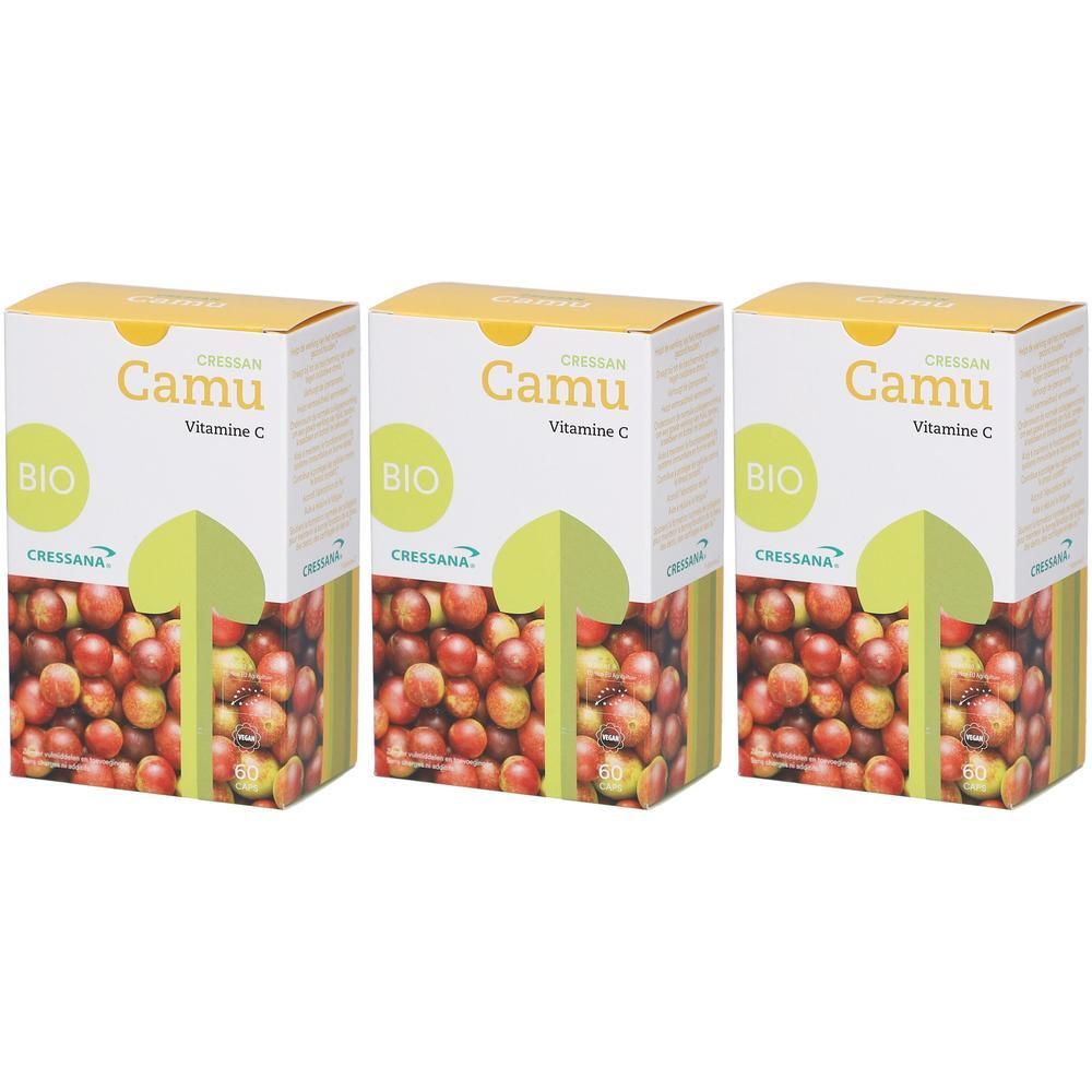 Drei Schachteln CressanCamu Vitamin C. Gelbe Verpackung mit Produktnamen und Bio-Siegel. Abbildung von Camu Camu Früchten.