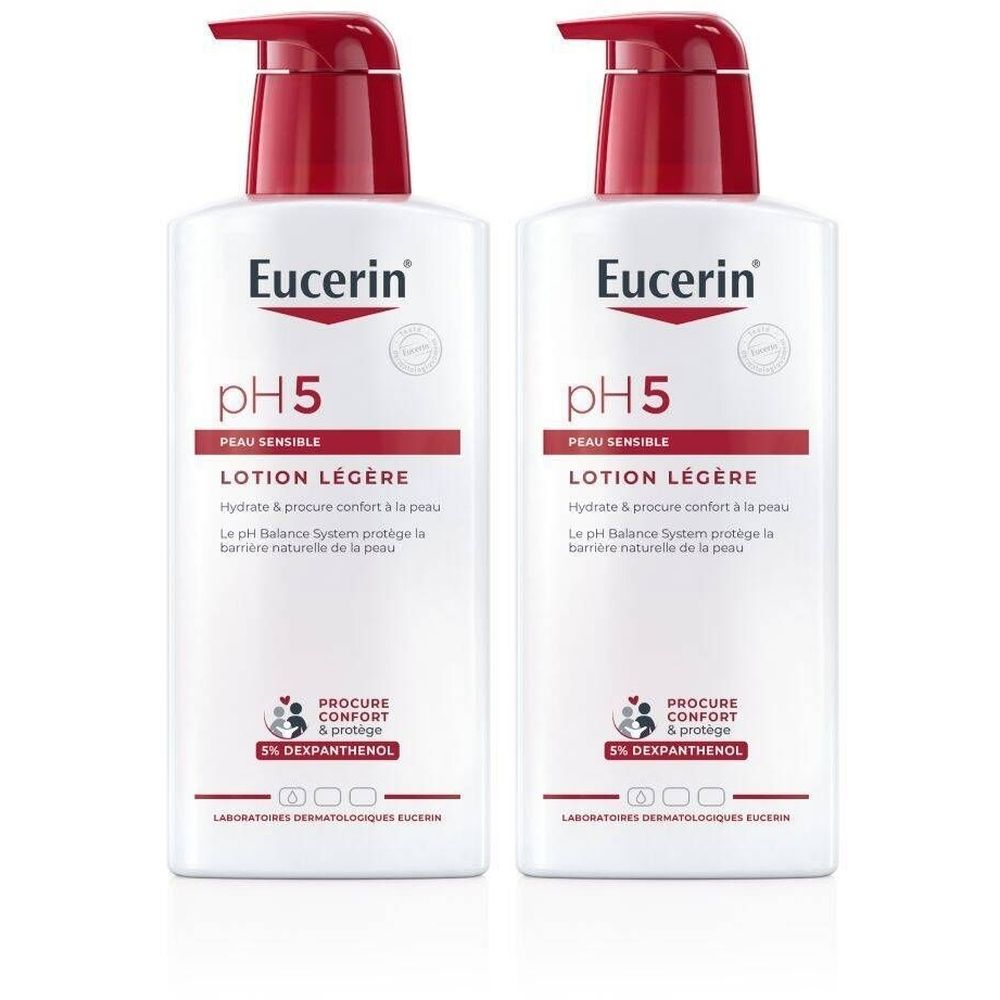 Deux flacons de lotion Eucerin pH5 Légère avec bouchon pompe rouge. Inscription : pH5, Lotion Légère, Eucerin.