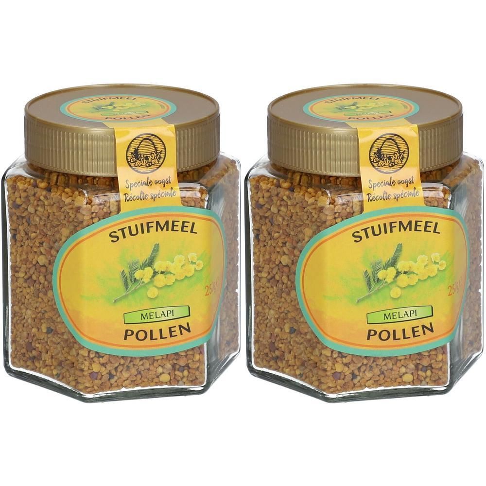 Zwei Gläser Blütenpollen. Sechseckige Gläser mit goldenen Deckeln und Etiketten. Aufschrift: Stuifmeel, Pollen.