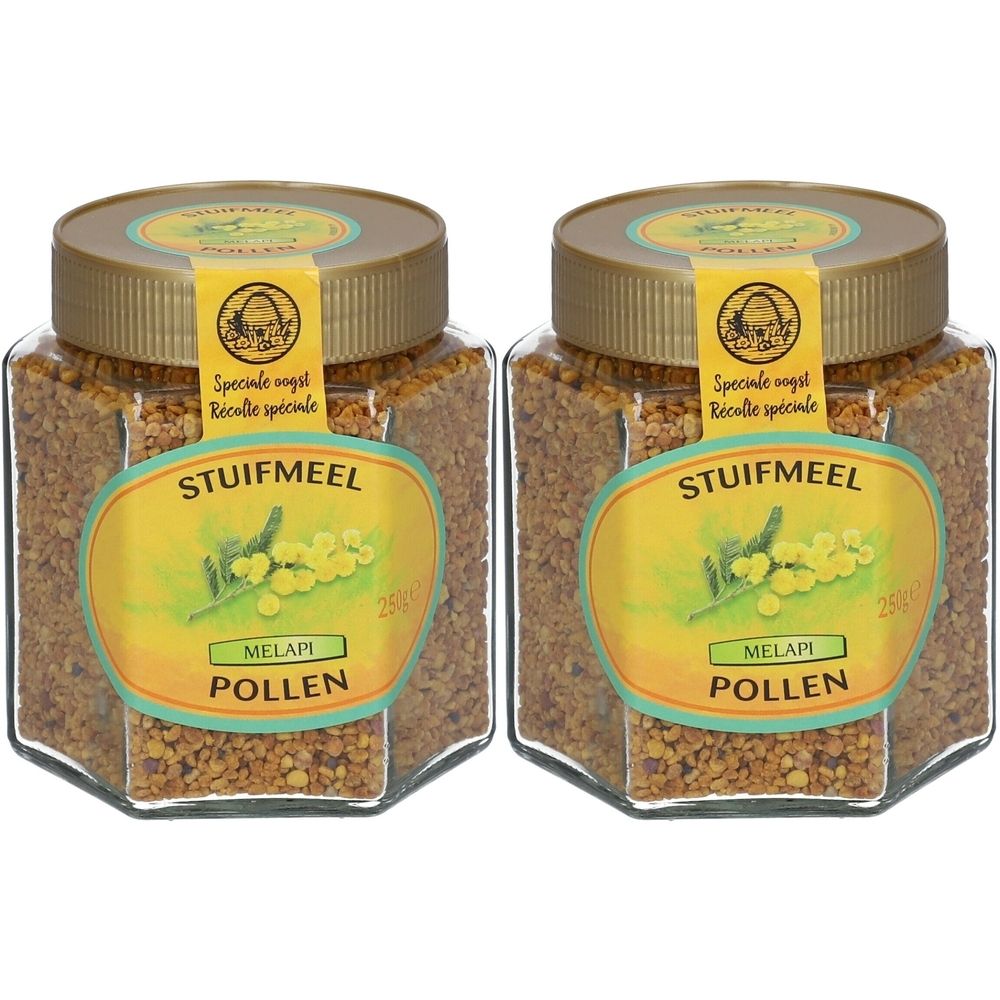 Deux pots de pollen. Pots hexagonaux avec couvercles dorés et étiquettes. Inscription : Stuifmeel, Pollen.