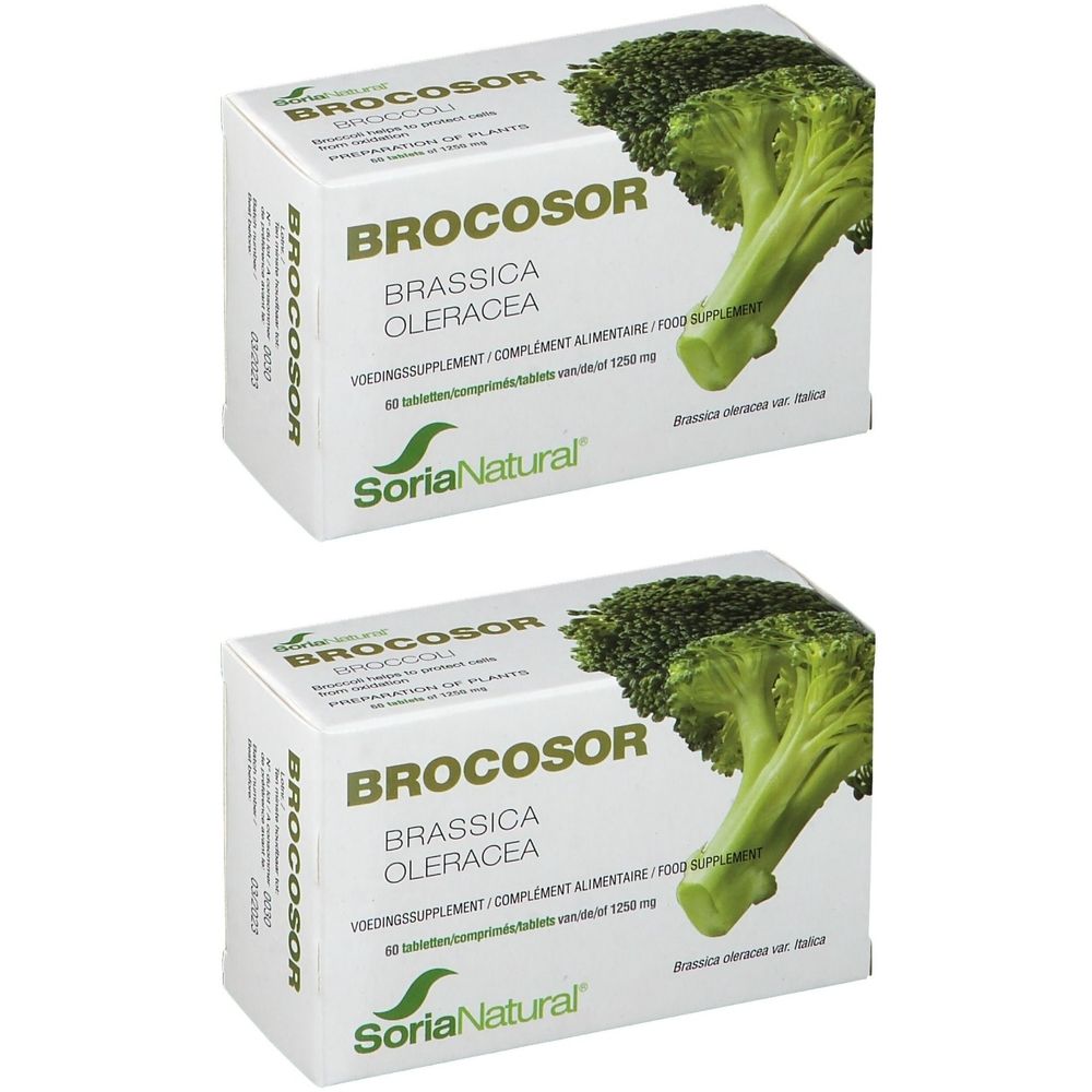 Deux boîtes de comprimés Brocosor. Inscription: Brocosor, Brassica oleracea, Soria Natural. Illustration de brocoli.